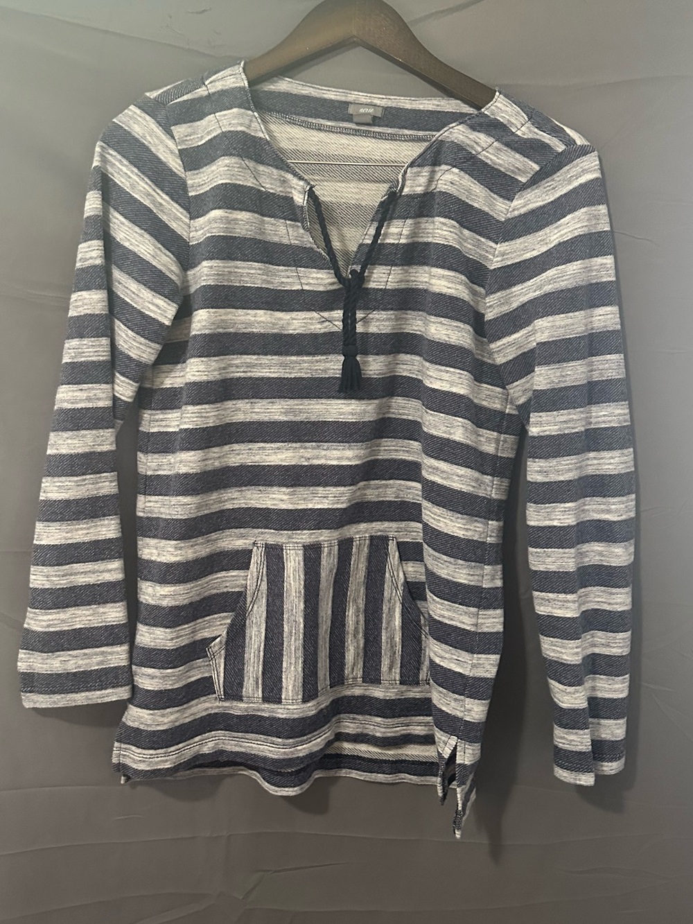 aerie Navy & White Striped Hooded Swim Coverup with Tassel Tie